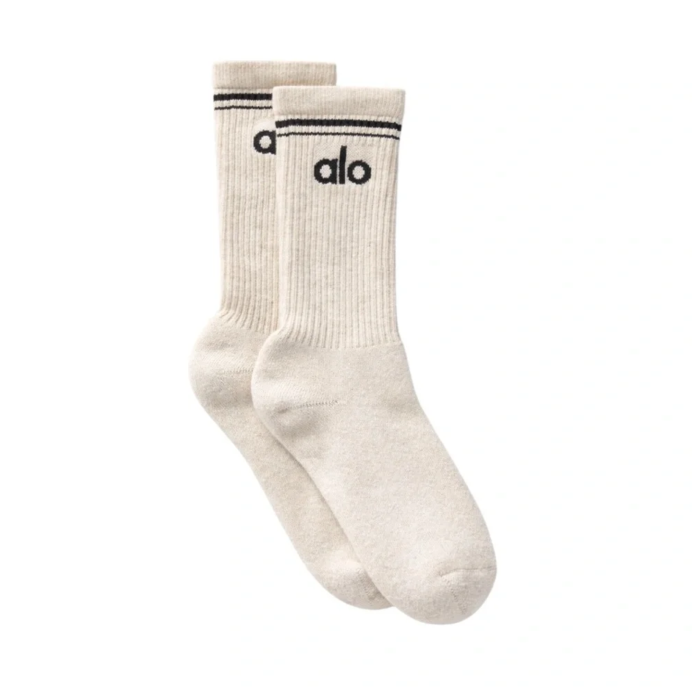 ALO Yoga Oatmeal Crew Socks with Black Logo